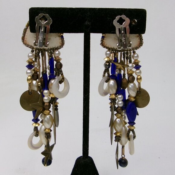 Vintage Chipita Lapis Lazuli Mother-of-Pearl Star Dangle Clip‎ Earrings - Picture 2 of 3